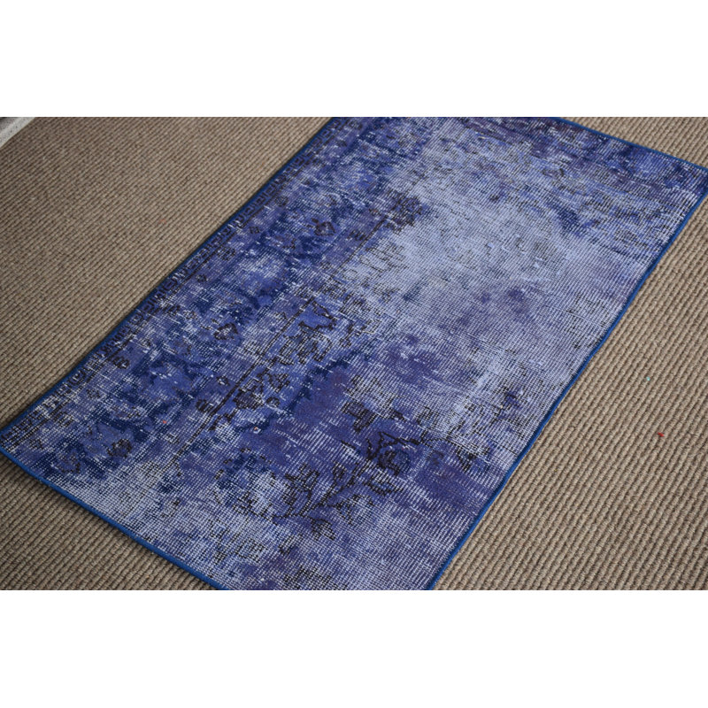 Vintage Blue and Patterned Small Turkish Oushak Wool Rug Ideal for Entryway Spaces