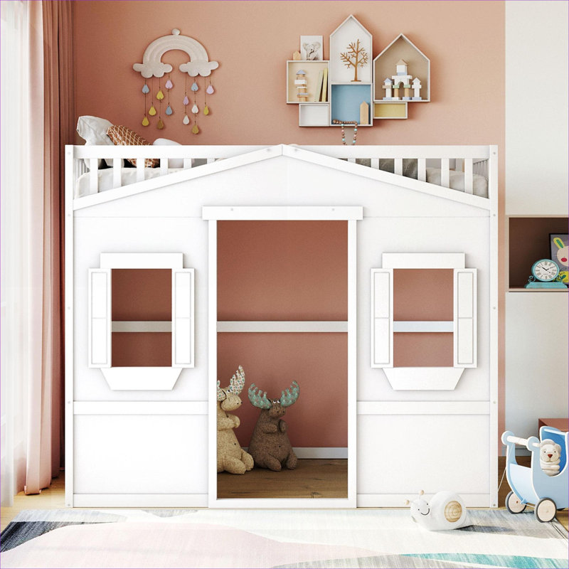 Solid wood platform bed full size compact elevated loft bed with sturdy side ladder, finished in classic white