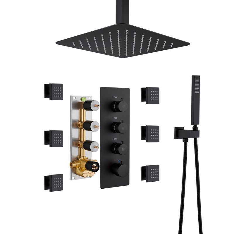 Système de douche de luxe 3 fonctions avec 6 jets de corps Herathena (valve brute incluse), Noir mat