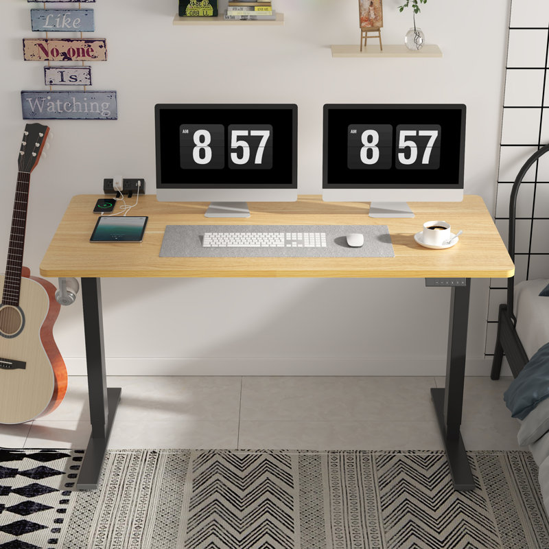 Adjustable Standing Desk, Whole-Piece Desktop, Maple/Black, 55" W x 28" D