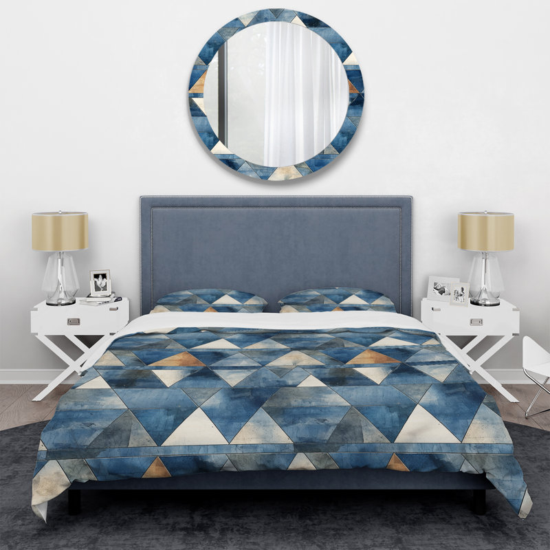 Rustic Cobalt Triangle Symphony Geometric Shapes Duvet Cover, Queen Duvet Cover + 2 Standard Shams