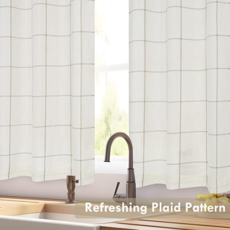 Windowpane Plaid Kitchen Curtains Kitchen Tier Linen Short Curtains Cafe Curtains, 26" W x 24" L, Tapue Plaid/Light Linen