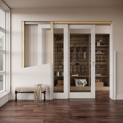 Intérieur de la porte en verre transparent 1-Lite, portes coulissantes en panneau de fibres à densité moyenne CARB P2 et en verre trempé SGCC, avec cadre solide renforcé et trousse de quincaillerie et de serrure argentée d'intimité, pré-fini et imperméable, pour garde-manger, chambre à coucher et garde-robe, facile à bricoler, 48 "x 80"
