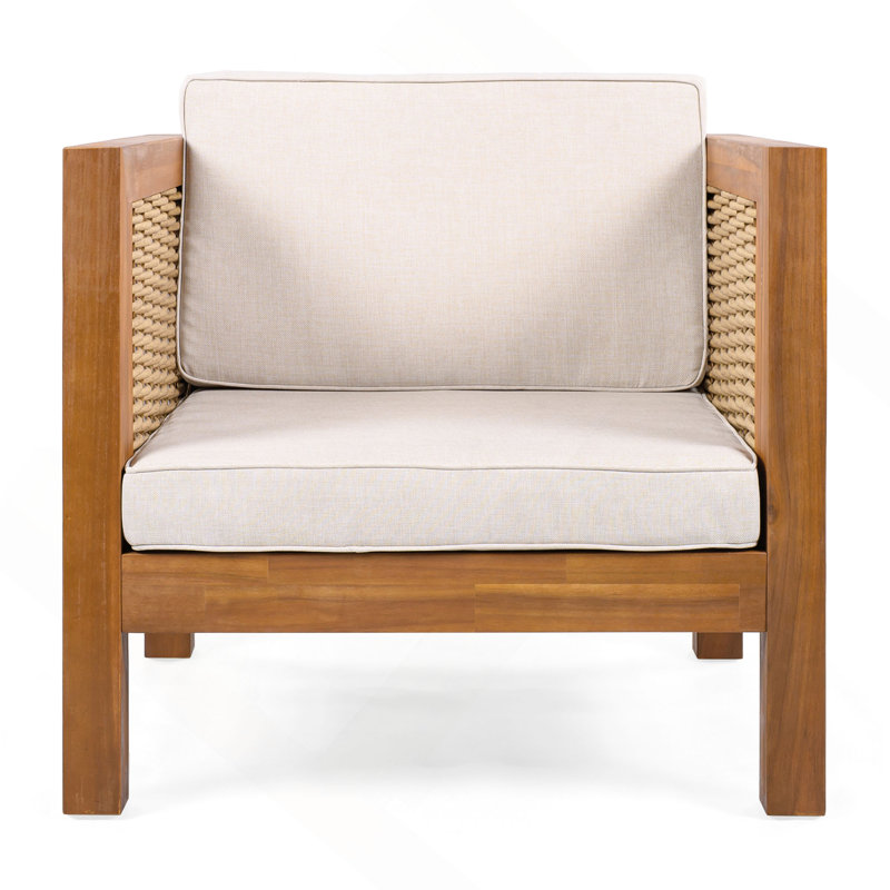 Fauteuil club d'extérieur en bois d'acacia avec accoudoirs en osier et coussins beiges, capacité de 400 lb