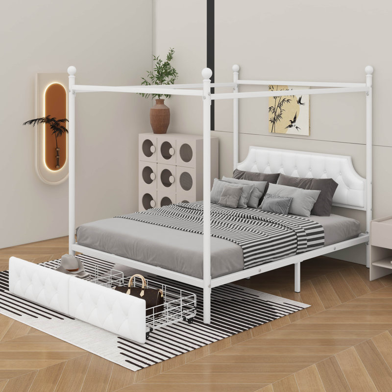 Queen Size Metal Canopy Platform Bed With Upholstered Headboard And Drawers
