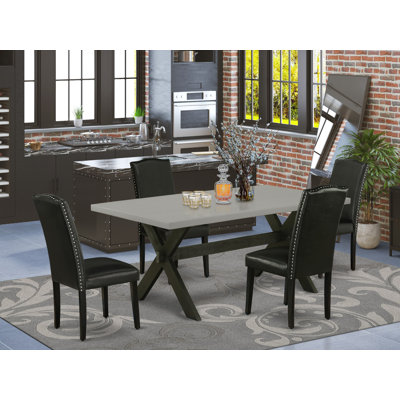 5 Piece Kitchen Table & Chairs Set Includes a Rectangle Dining Room Table with X-Legs and 4 Black Faux Leather Parsons Dining Chairs, Wire brushed Black