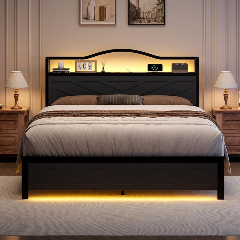 Base de lit plateforme avec éclairage à DEL RVB, station de charge, tête de lit et espace de rangement sous le lit, Noir