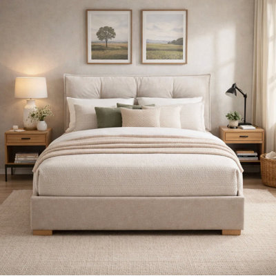 Lit plateforme avec rangement Tessie avec tête de lit amovible de style coussin, 2 grands tiroirs en bois, beige, double