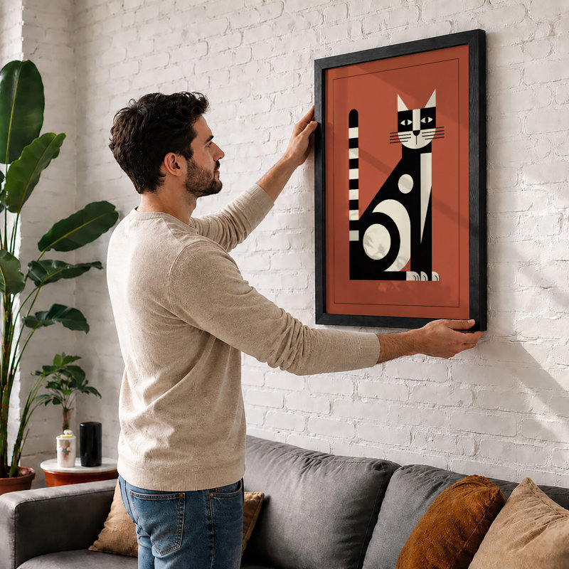 Geometric Cat Mid-Century - Framed Print, A2 - 59.4 x 42.0 cm, White