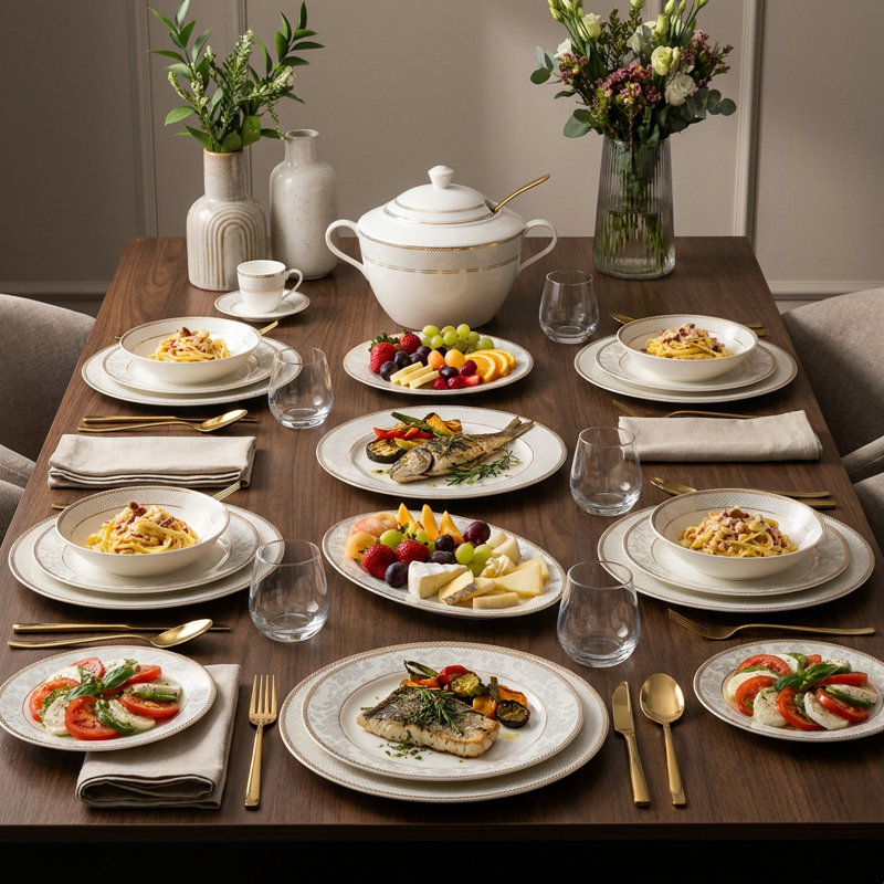 Service de table en porcelaine grise et dorée Kensington (service de 68 pièces pour 12 personnes)