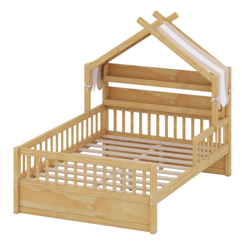 Lit maison avec tablette de tête de lit intégrée, cadre de lit avec rangement, Naturel
