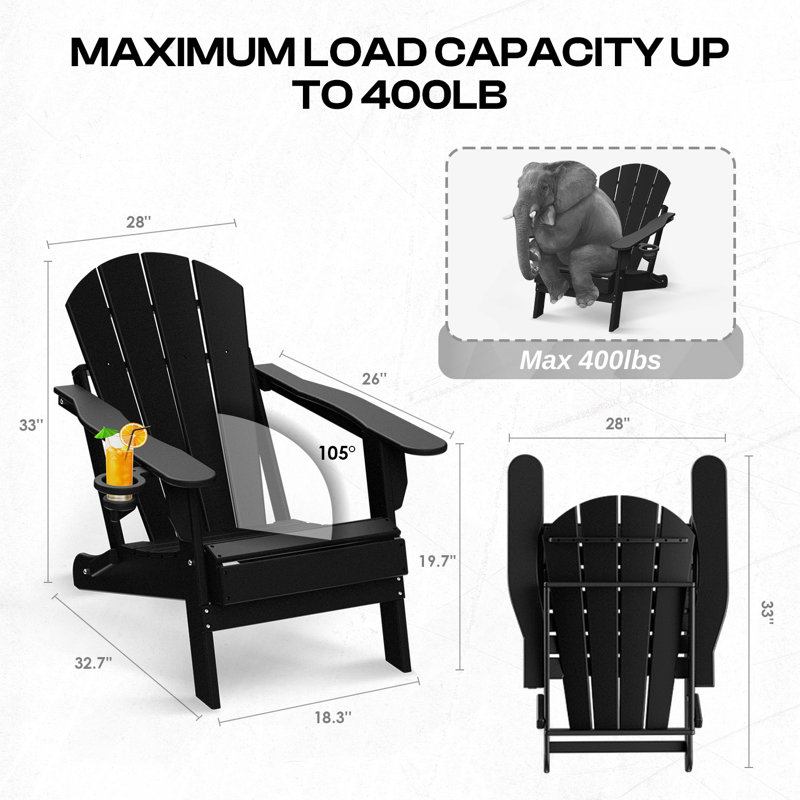 Ensemble de 8 chaises Adirondack d'extérieur pliables avec porte-gobelet, Noir