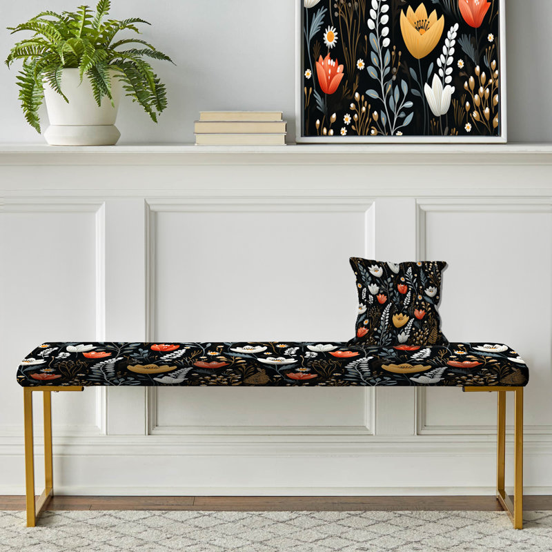 Floral Upholstered Gold Bench, Rustic Black/White Floral