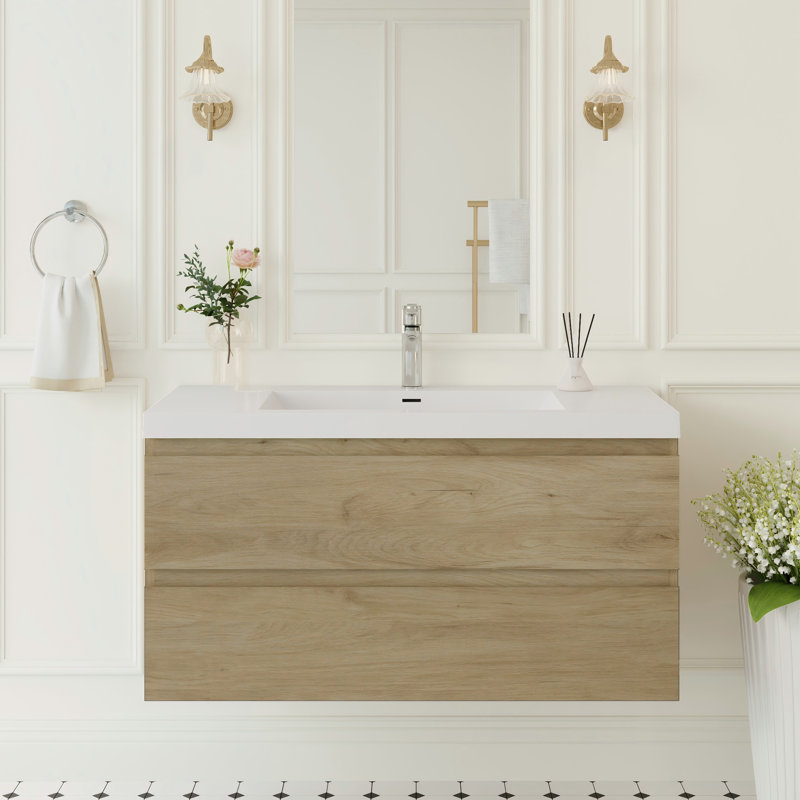 42" Floating Bathroom Vanity Modern Wall-Mounted Single Vanity with Integrated Resin Top, 2 Soft Close Drawers, Full Assembly, Natural Oak