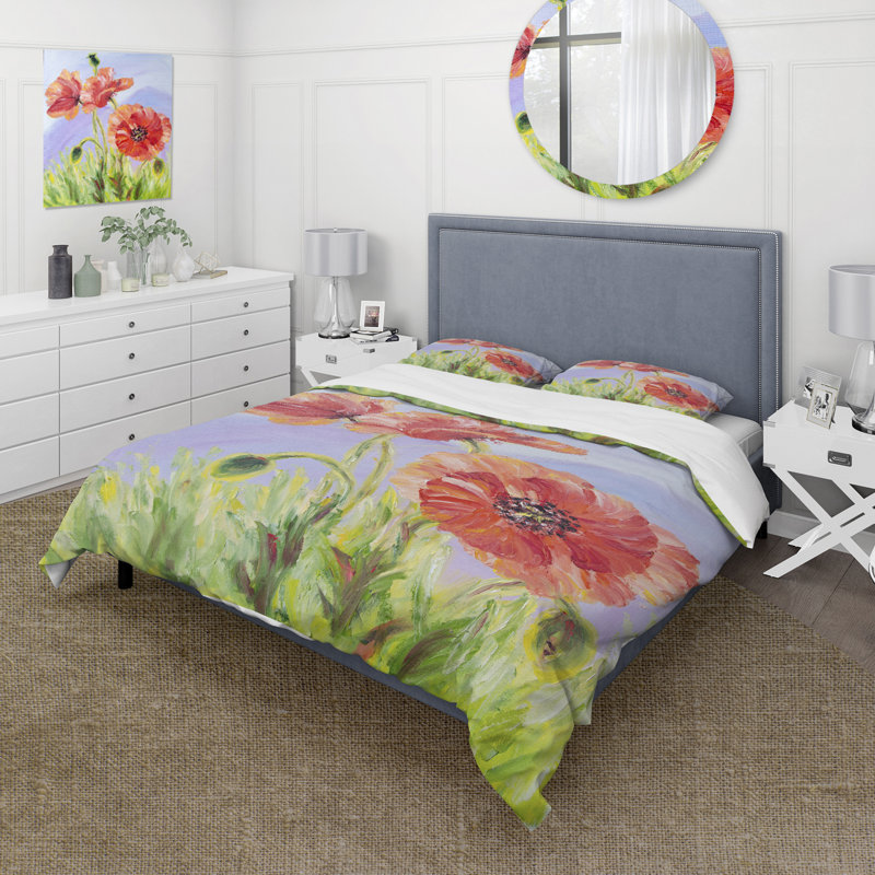 Blossoming Poppies In The Morning IV - Ensemble de housse de couette traditionnel - Microfibre de polyester