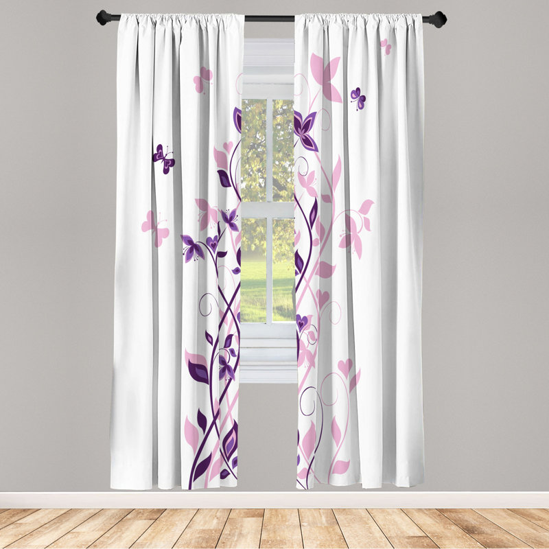 Microfiber Floral Semi-Sheer Rod Pocket Curtain Panels, 28" W x 95" L, Purple/White
