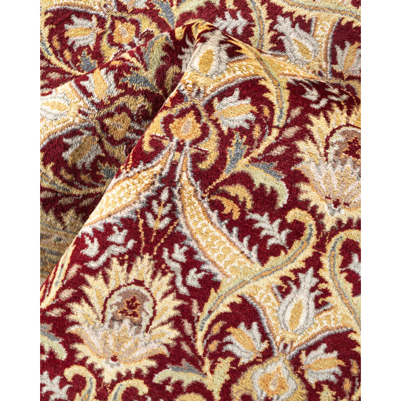 Tapis rouge en laine noué à la main de conception unique 6 pi 2 po x 9 pi 5 po Hayner