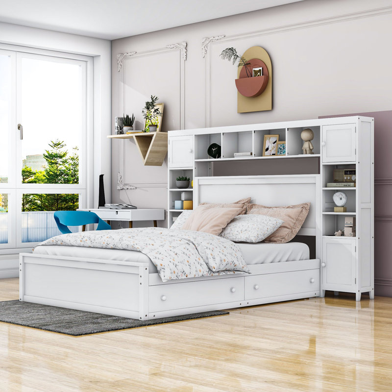 Grand lit plateforme en bois avec 4 tiroirs et tête de lit, Blanc