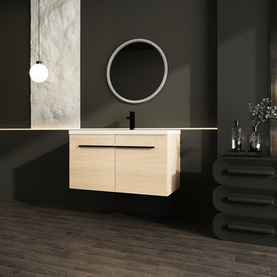 Meuble-lavabo 36 po en chêne avec lavabo à poser en résine, armoire à 2 portes et 36 po de style américain
