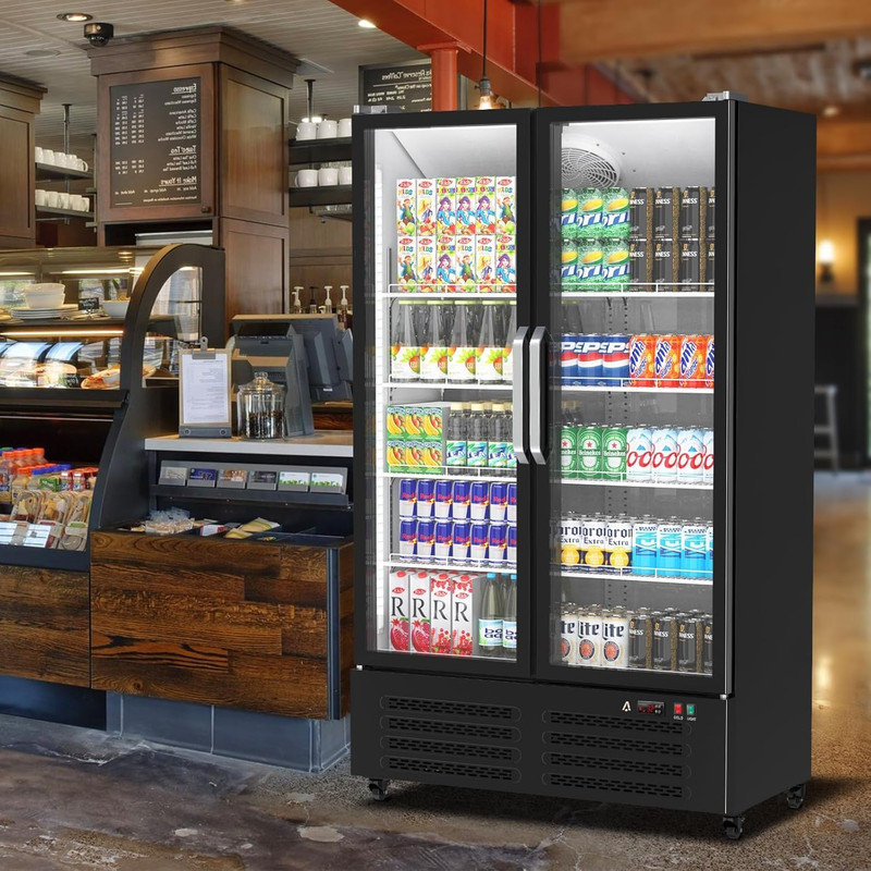 25.5 Cu.Ft Commercial Glass Door Beverage Cooler with LED Light & Adjustable Shelves for Restaurant, Black