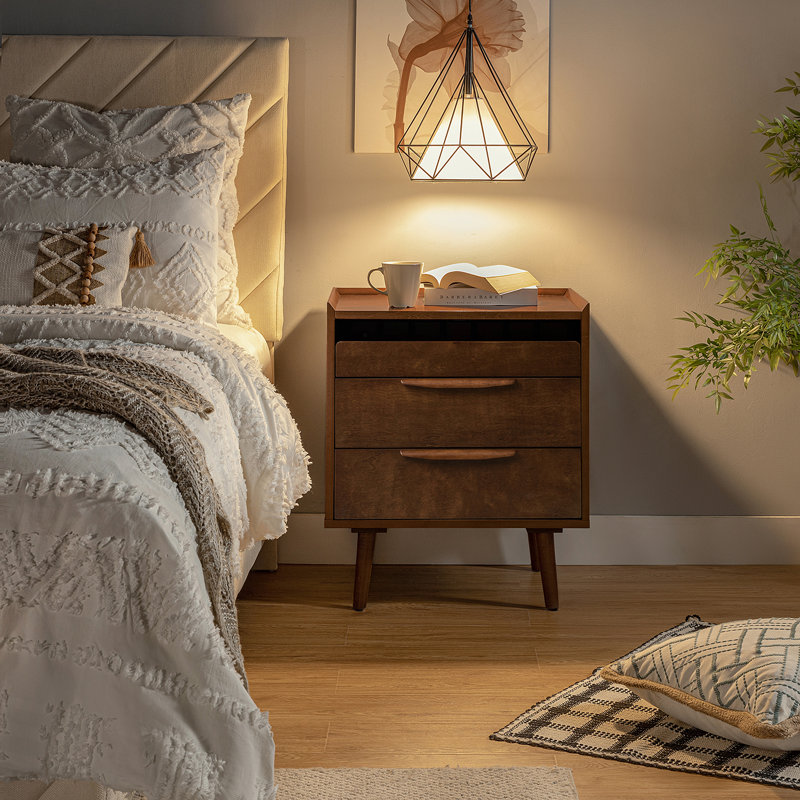 Florrie Mid-Century Modern 3 - Drawer Bedside Table with Charging Station, Walnut
