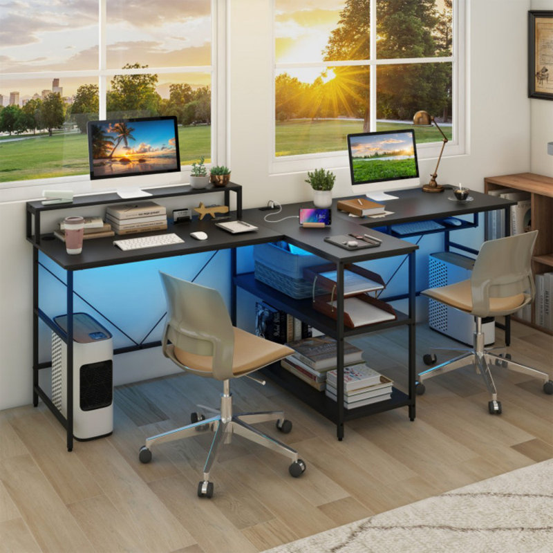 2-Person Reversible Computer Desk Long Office Desk With LED Lights, Black