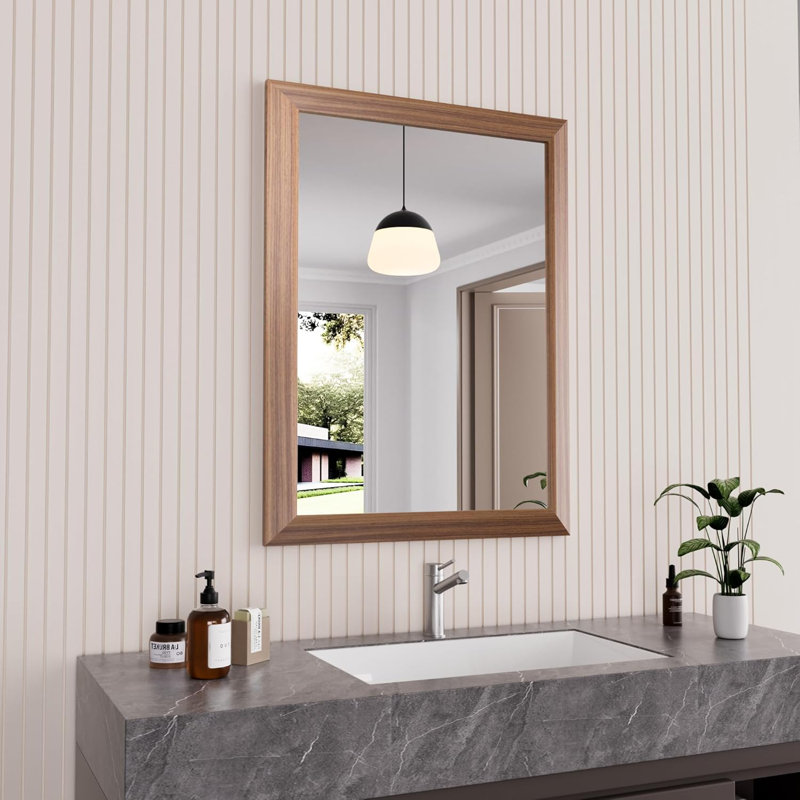 Miroir de salle de bain en verre trempé épais de haute qualité, Bois brun foncé, 32 po x 24 po