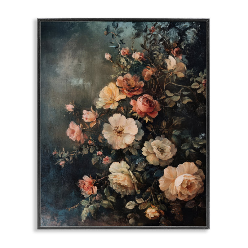 «Dark Rose Florals», estampe numérique encadrée par Petal Prints Design, H 14 po x l 11 po, Giclée encadrée noir minuit