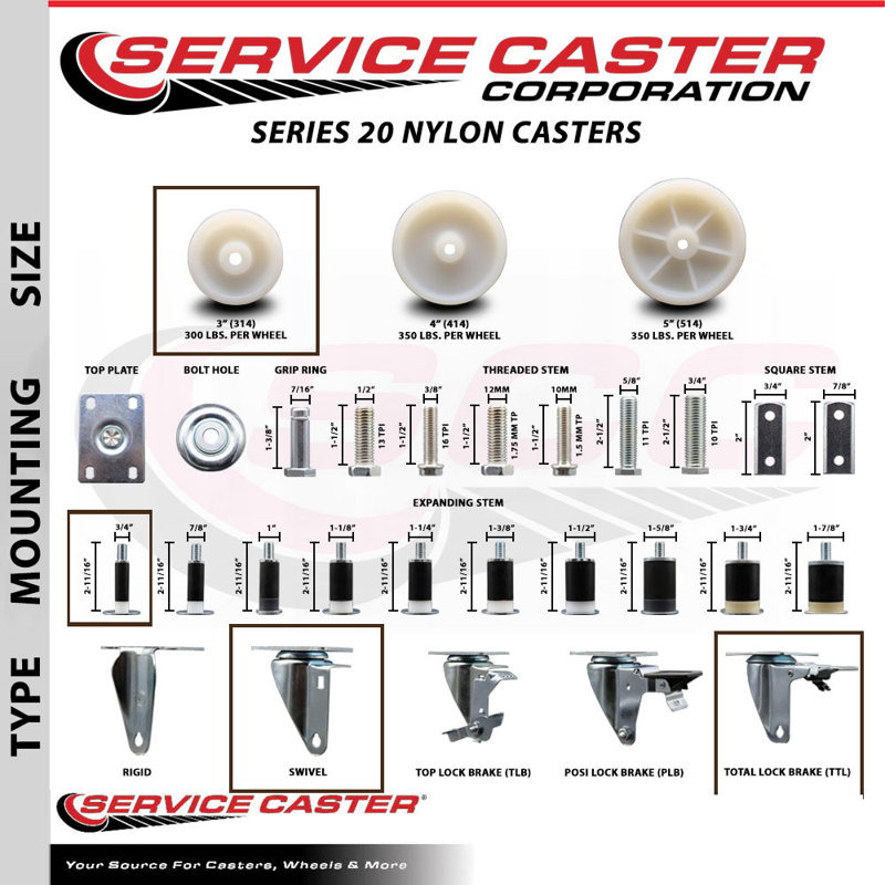 Nylon Swivel  Expanding Stem Caster Total Lock Brake SCC