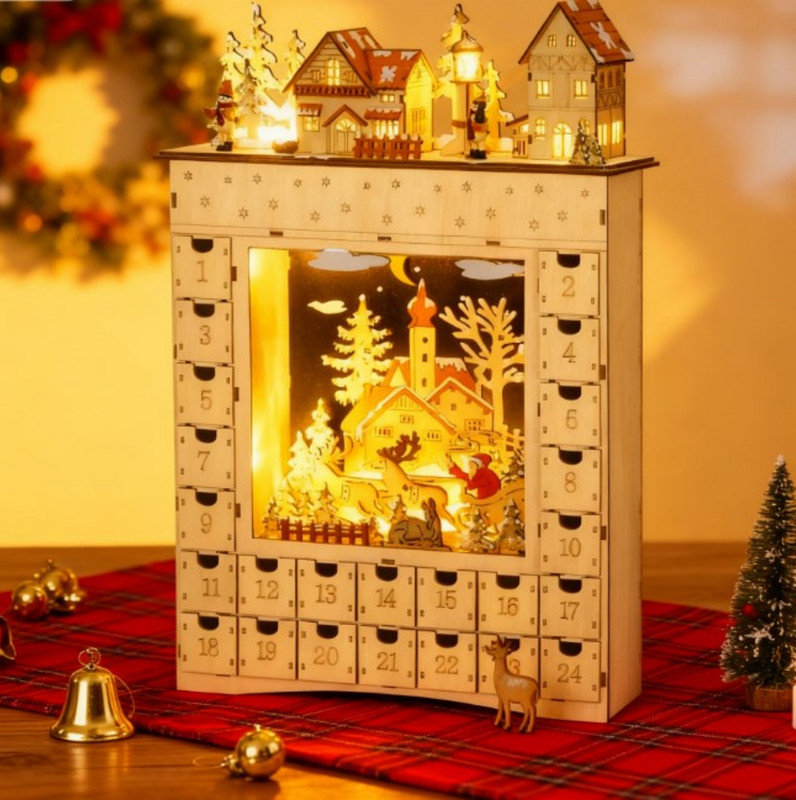 Calendrier de l'Avent de Noël, décoration de table de compte à rebours avec lumières, à piles