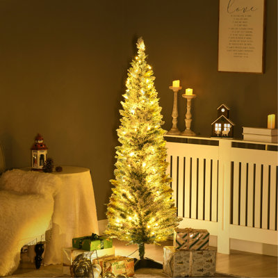 5' Tall Pre-Lit Slim Noble Fir Artificial Christmas Tree With 110 Warm White LED Lights And 294 Tips, For Christmas Decoration, Green