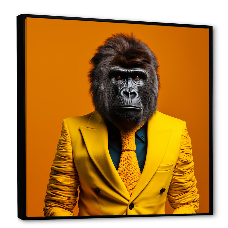 Jaune gorille en costume II - art mural gorille, H 36 po x l 36 po x P 1,5 po, Cadre flottant noir