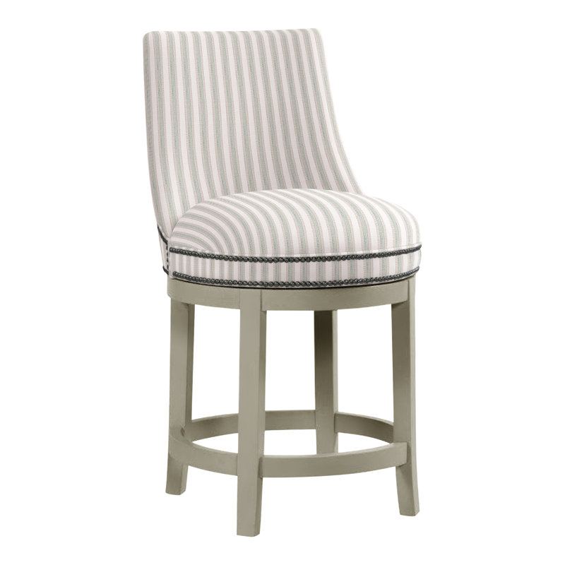 Vesper Upholstered Stool with Solid Wood Frame, Almond Buff, Perigold Piccadilly Stripe Ash