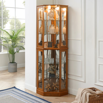 Vitrine de coin à 6 tablettes avec lumières, miroirs et tablettes réglables, chêne (ampoule E26 non incluse)