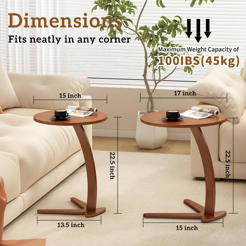 Couch Tables That Slide Under: 17 '' Modern C Shaped End Table Nightstand With Natural Solid Wood Small Bedside Table (Medium)