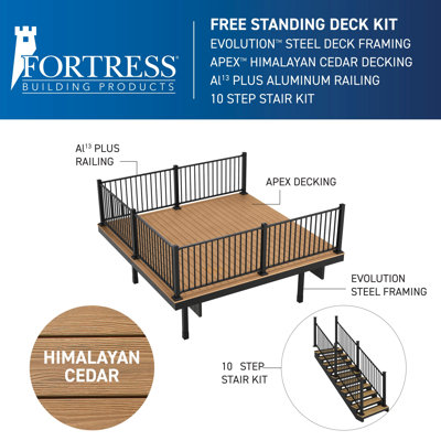 Apex 12' x 12' Freestanding PVC Deck and 10-Step Kit with Steel Framing and Aluminum Railing