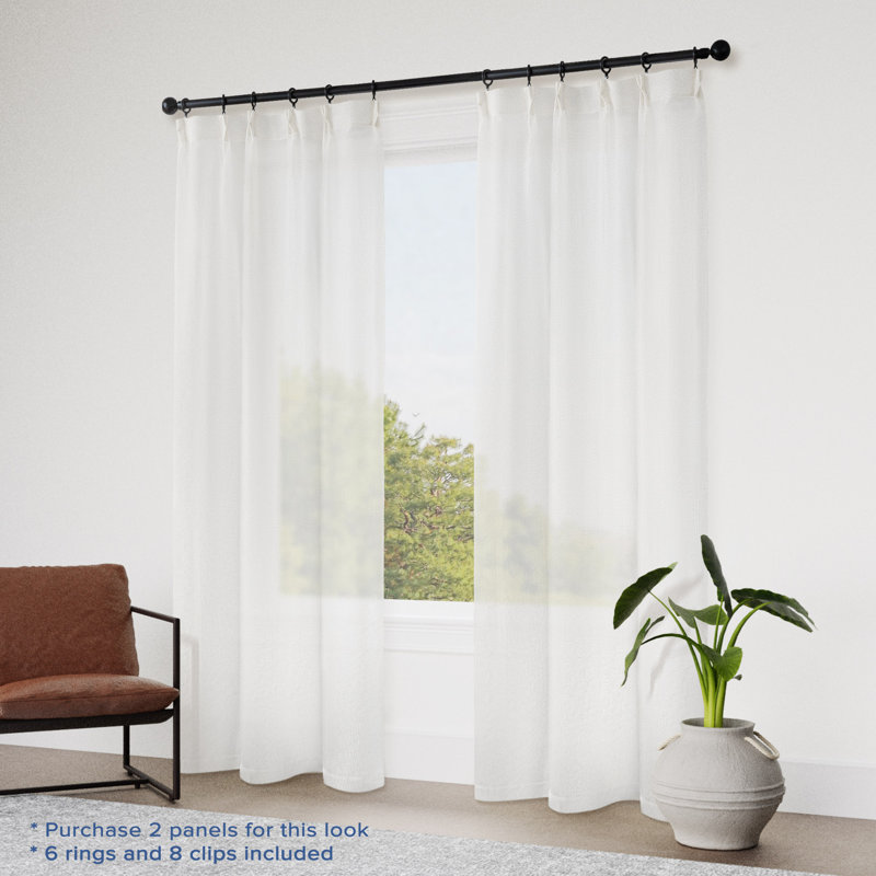 Pinch Pleat Semi-Sheer Single Curtain Panel with Rings and Clips Included, 38" W x 96" L, Cream