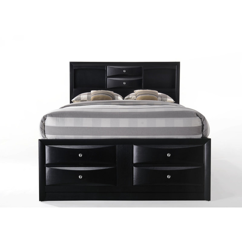 Grand lit noir avec tête de lit bibliothèque et rangement à 8 tiroirs, 5 lattes, lit de rangement à finition de poids de 660 lb, tête de lit rectangulaire, convient aux matelas de 10 pouces