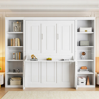 Lit escamotable double avec bureau et bibliothèque, blanc