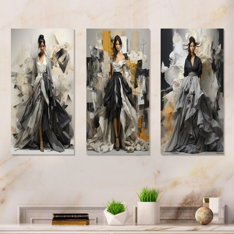 Black Fashion Fusion Couture Creation II - Fashion Metal Prints Set Of 3, 32" H x 48" W