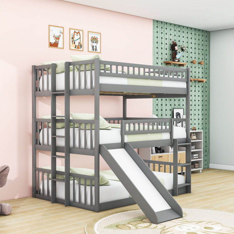 Etleva Full Over Full Over Full Triple / Quad Bunk Bed with Slide, Gray