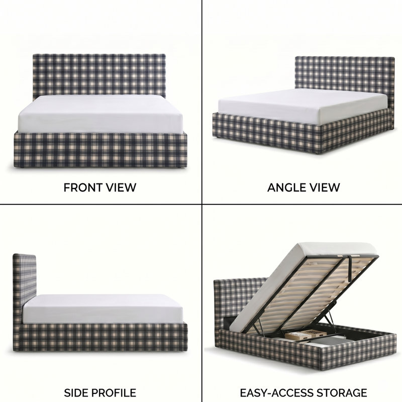 Modern Farmhouse Upholstered Platform Bed with Plaid Headboard and Lift Storage, Queen, Black And White Plaid, Queen