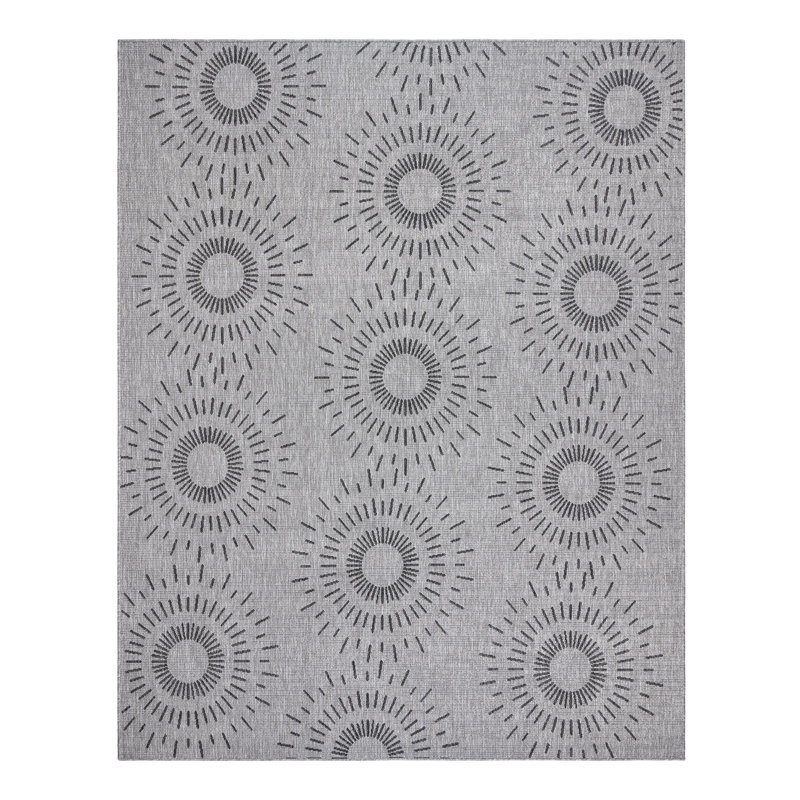 Savara Holdenville Silver Grey Ivory Cream Global Sunburst Indoor/ Outdoor Polypropylene Flatweave Area Rug