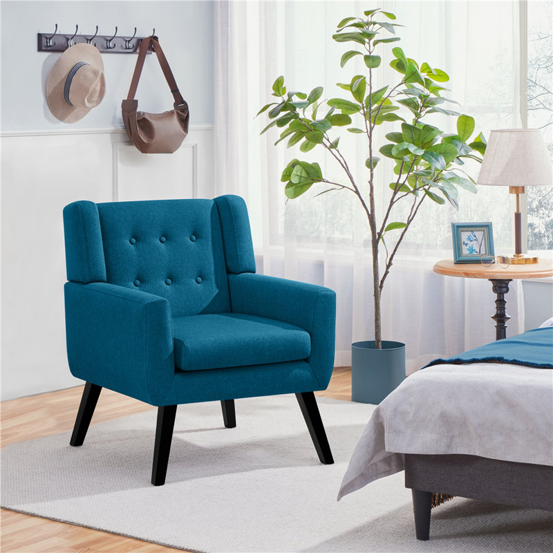 Upholstered Armchair with Solid Wood Legs, Navy Blue