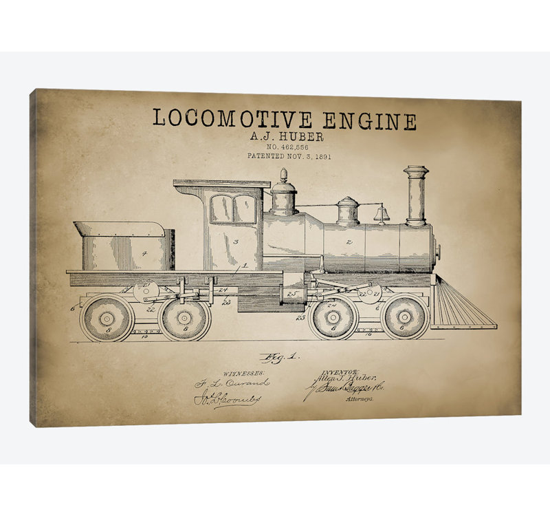 «Locomotive Engine, 1891» par Brevet Print Store - impression sur toile, H 26 po x l 40 po x P 1,5 po, Toile tendue
