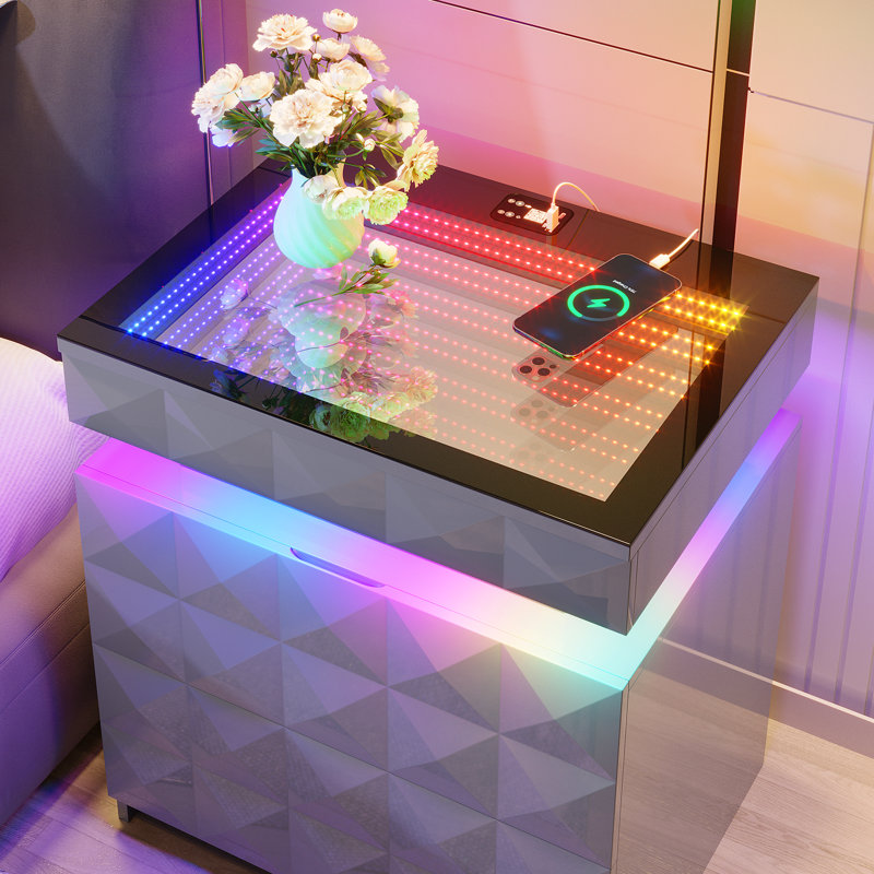 2-Drawer Nightstand with Adjustable RGB Light and Human Body Detection,Fashionable Mirror Visual Design Bedside Table with Charging Station