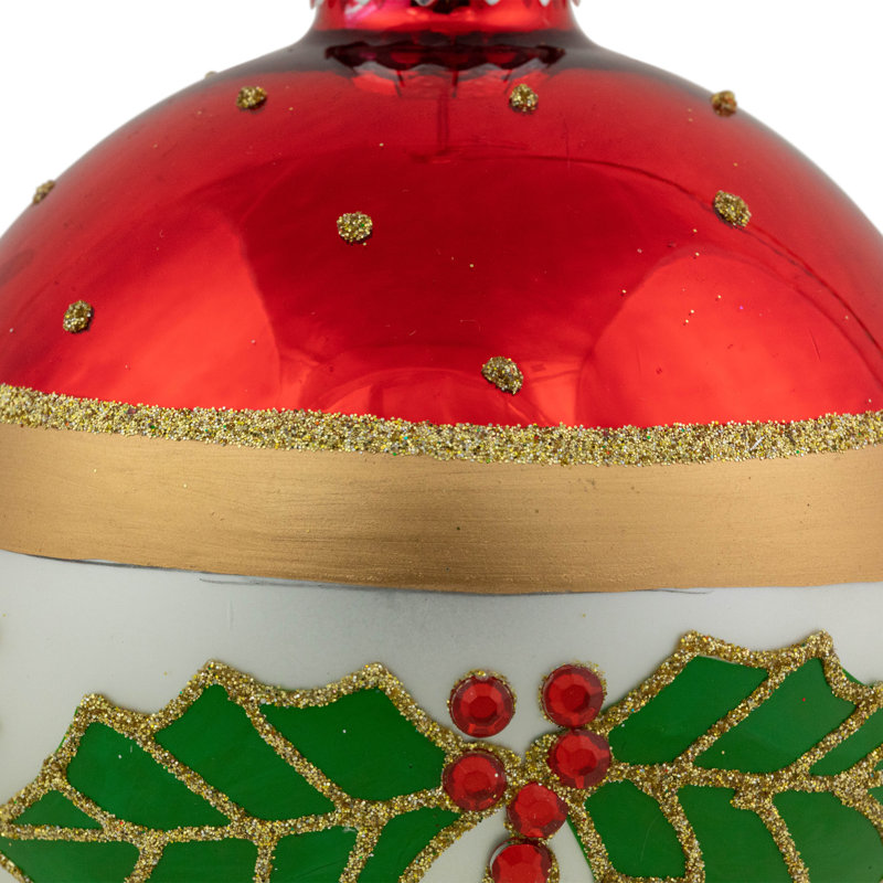 Set of 2 Red and White Glass Holly Christmas Ornaments