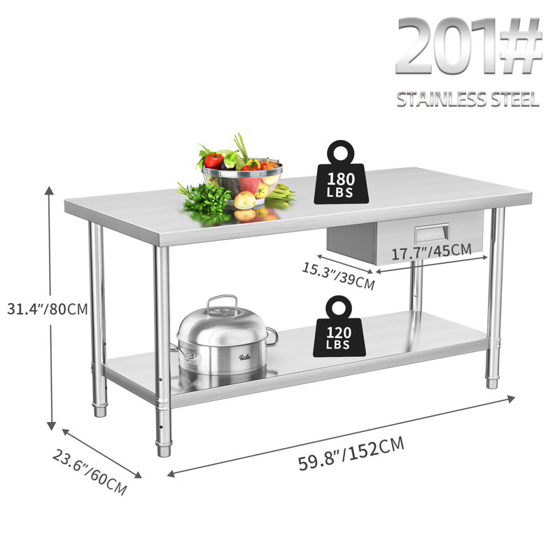 Tables de travail en acier inoxydable H 31,4 po Edrosie Inc, H 31,4 po x L 72 po x P 24 po