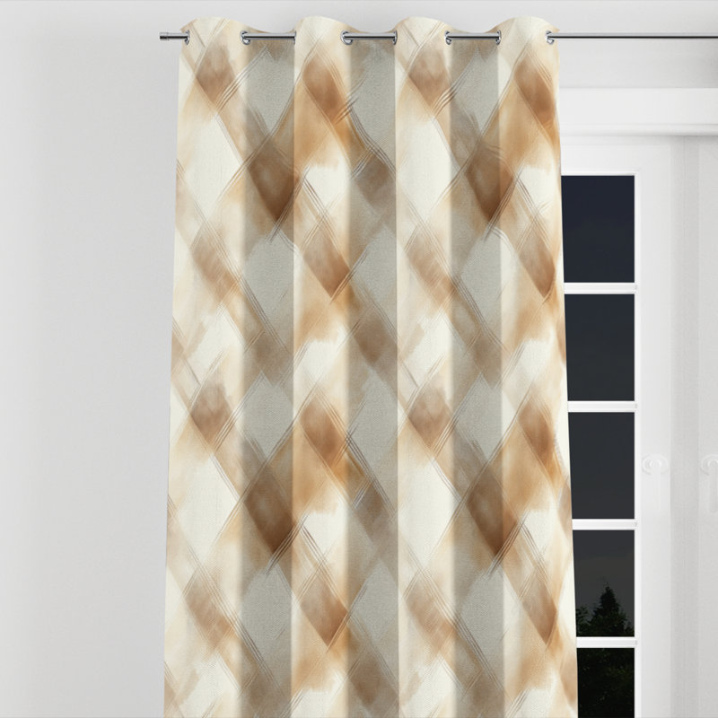 Country Farmhouse Velvet Curtains - Brown Warm Sand Plaid Grommet Curtain - 1 Panel, 52" W x 120" L, Silver Grommets