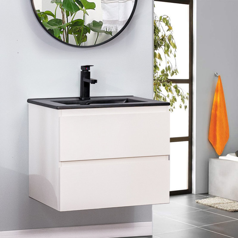 Erselle 23.4'' Single Bathroom Vanity with Ceramic Top, Black